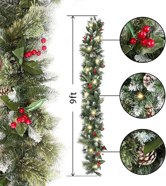 9ft Christmas Garland with Lights,Lighted Artificial Flowering Pine Garland for Mantle,Prelit Faux Green Christmas Winter Garland with Pine Cones and Red Berry for Indoor Outdoor Decor