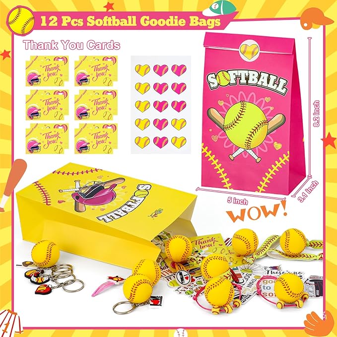 Gifts2U Softball Party Favors, 146 Pcs Softball Goodie Bags Stuffers with Charm Bracelet, Stress Balls, Stickers, Keychain and Softball Accessories, Gifts Bulk for Team Girls Birthday Party.