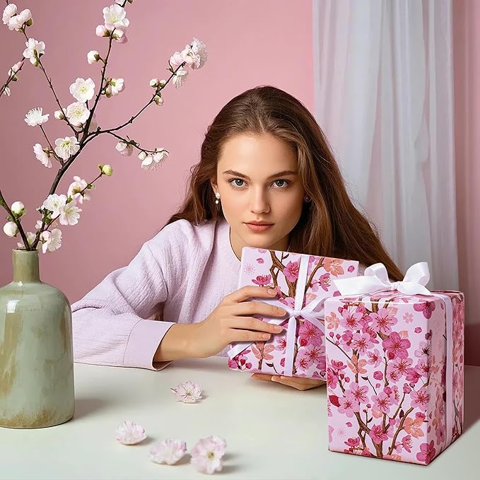 WRAPAHOLIC Floral Wrapping Paper Roll - Mini Roll - 17 Inch x 33 Feet - Sakura Blossom Wrapping Paper for Birthday, Wedding, Bridal Shower, Mother's Day, Valentine's Day