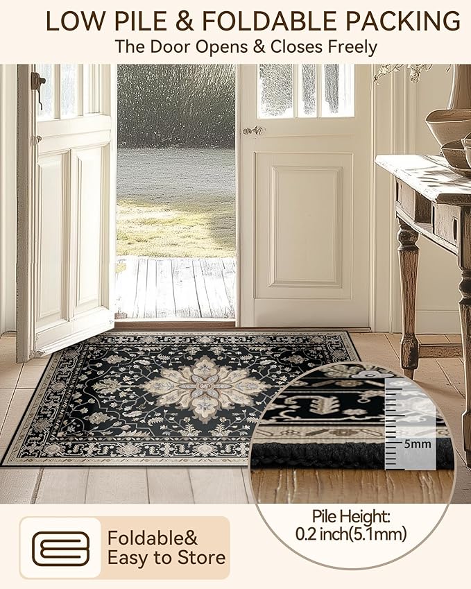Area Rugs 2'x10' Washable Non-Slip, Floral Vintage Distress Print Pattern Medallion Carpet for Living Room Bedroom Dining Room, Black Brown Neutral Dark Tan