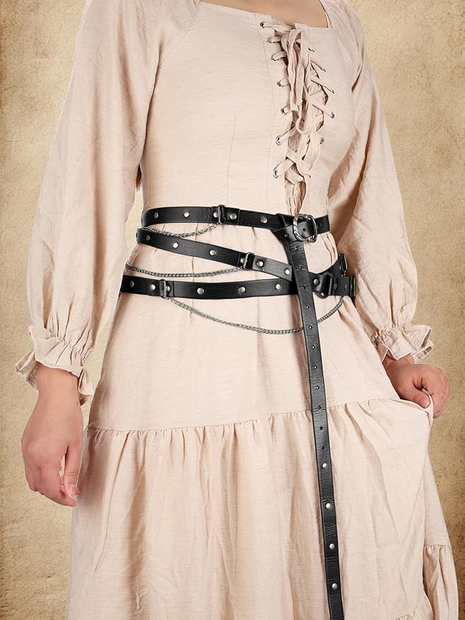 Ultrafun 3pcs Renaissance Belt Accessories Faux Leather Medieval Viking Chain Belt Bag Skirt Hike Ren Faire Costume