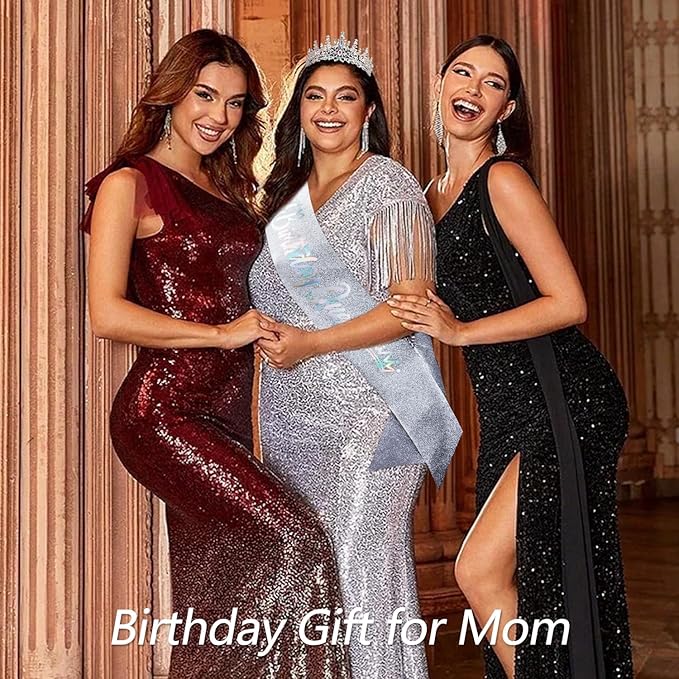 VELSCRUN Birthday Queen Tiara Crowns for Women Girls AB Silver Crystal Birthday Queen Headband Sash Elegant Princess Crown Happy Birth Party Decorations Mom Sisters Birth Gift Hair Accessories