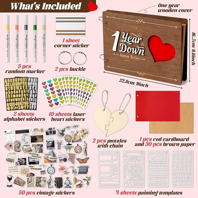 CY2SIDE One Year Anniversary Couple Gifts - 111PCS 1st Down Photo Wooden Album Scrapbook Craft Kit Included Wood Cover Heart Puzzle Brown Paper Sticker Marker Template for DIY Anniversary Dating Gifts