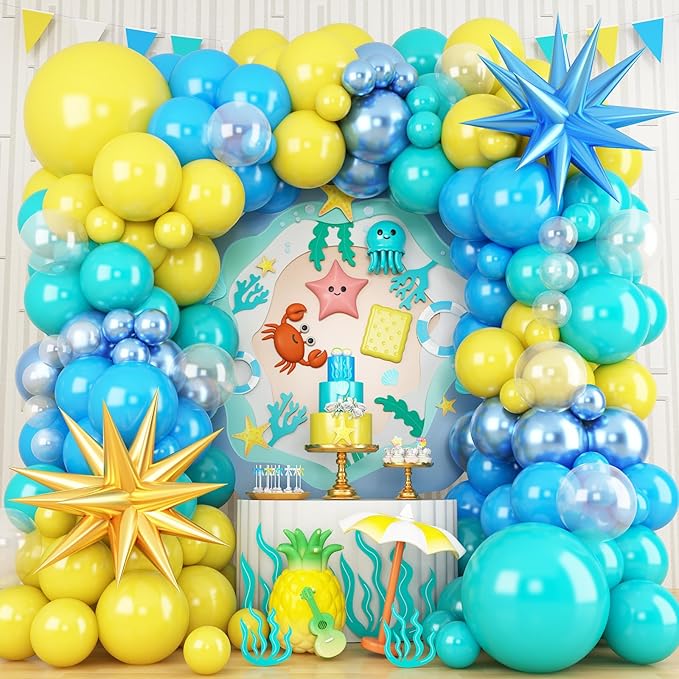 120PCS Blue and Yellow Balloon Arch Kit, Light Blue Yellow White DIY Cartoon Theme with 2pcs 4D Star for Theme Birthday Anniversary Graduation Baby Shower Party Decorations