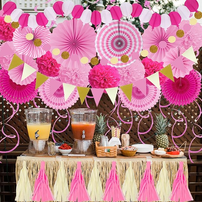 ZERODECO Party Decorations, 41 Pcs Pink Papar Fans Pompoms Garlands String Tissue Paper Tassel for Fiesta Home Bridal Baby Shower Wedding Boy Girl Birthday Party
