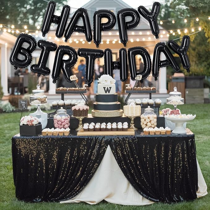 16 Inch Happy Birthday Banner Balloon - Black Letters Foil Balloons With Ribbon, Self Inflating Letter Balloon Bunting for Men Women Birthday Party Decorations Supplies