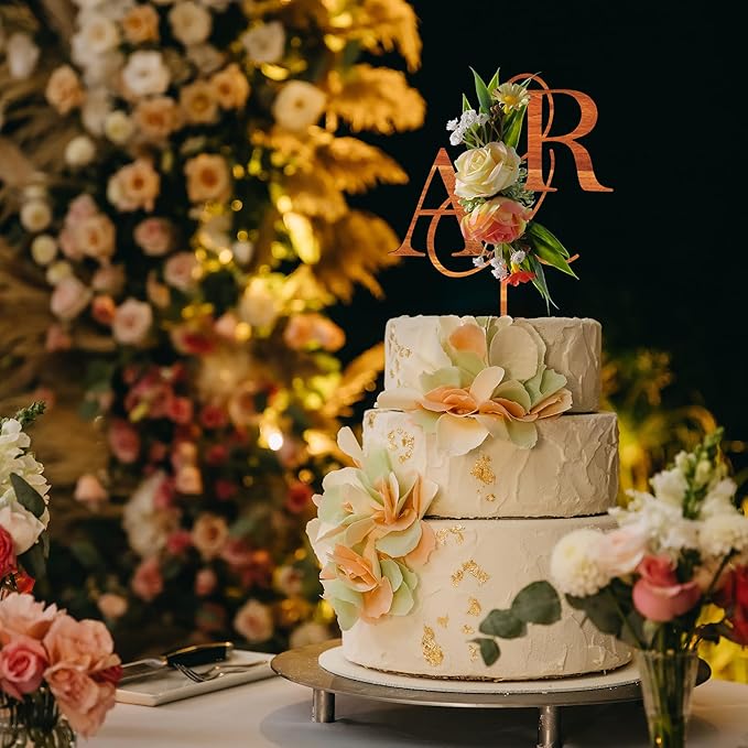 Wedding Cake Topper with 3D Artificial Flowers and Green Leaves Custom Initials Personalized Wooden Anniversary Cake Decoration (Maple)