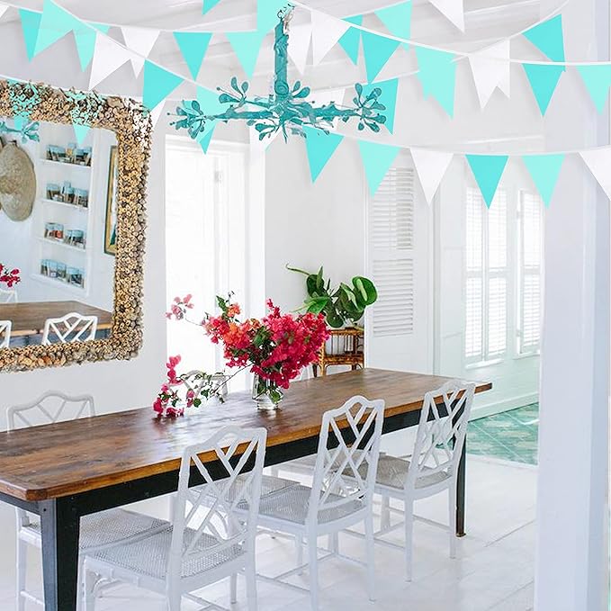 10M/32Ft Aqua Green Banner Party Decorations Triangle Flag Pennant Bunting Fabric Garland for Wedding Birthday Engagement Bridal Baby Shower Under The Sea Party Festivals Decoration(Teal Blue)