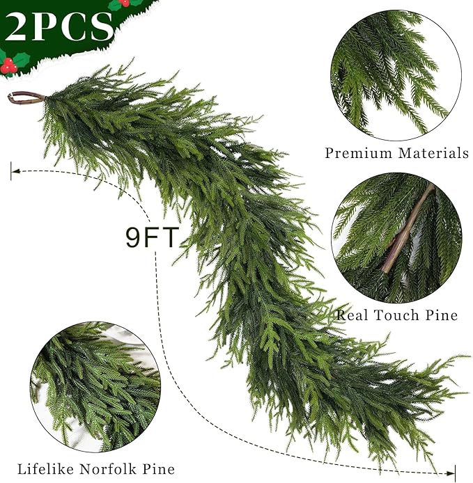 Artificial Norfolk Pine Garland - Faux Christmas Garland Fake Green Garland for Fireplace,Table, Stairs, Mantle, Window,Indoor Outdoor,Home,Holiday Decor (2 PCS,9 FT)