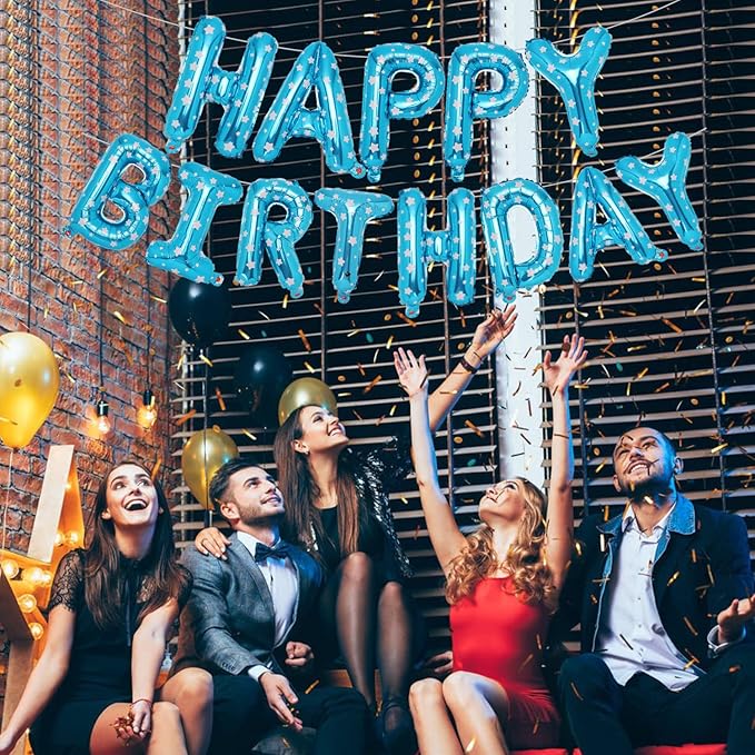 Accevo Blue Happy Birthday Banner,16 Inch Star Pattern Birthday Balloons Foil Letters Balloon Happy Birthday Sign for Kids, Child, Adults, Boys & Girls Birthday Party Decorations Birthday Banner