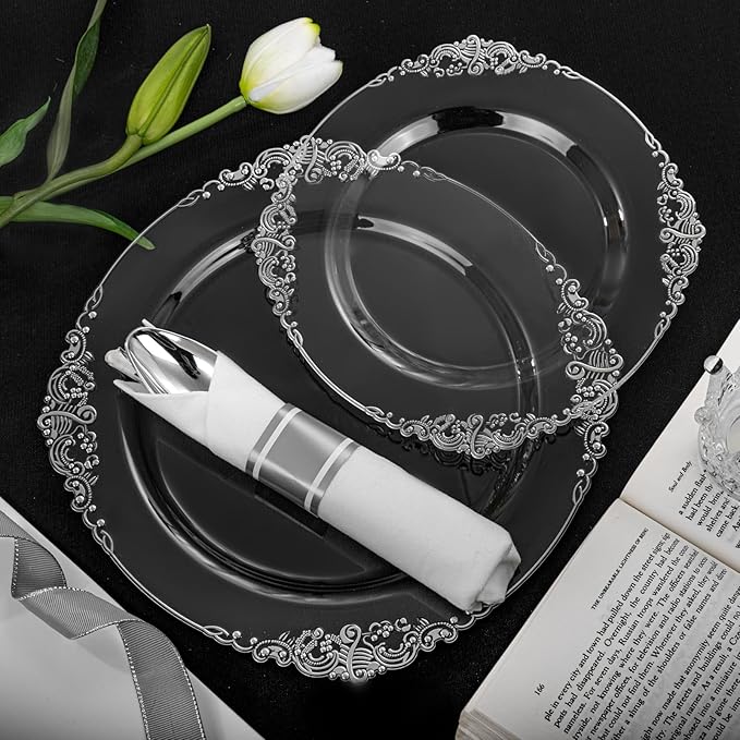 Morejoy 350PCS Clear Silver Plastic Plates - Silver Disposable Plates sets Include 50 Dinner Plates,50 Salad Plates,50 Forks,50 Knives, 50 Spoons，50 Cups, 50 Rolled Napkins for Wedding & Party