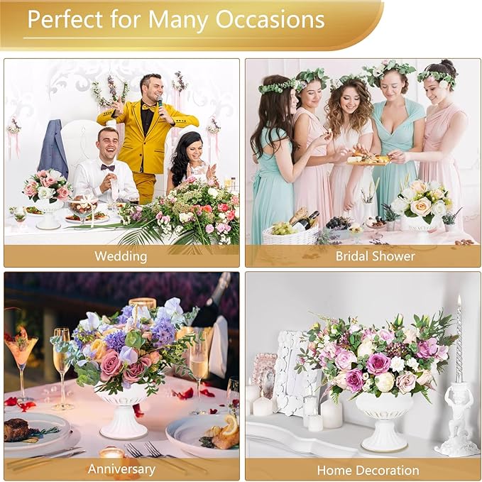 White Wedding Vases for Centerpieces: Small Flower Vase for Tables - 5 Inch Metal Compote Bowl Urn Pedestal for Party Anniversary Event Home Decor Set of 2