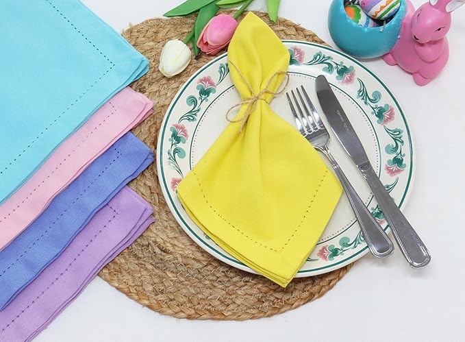 PurpleEssences Set of 12 Hemstitch Cloth Dinner Napkins 100% Cotton - Soft Durable Washable - Ideal for Wedding Fall Thanksgiving - Perfect Everyday Use Table Linen 18x18 - Yellow