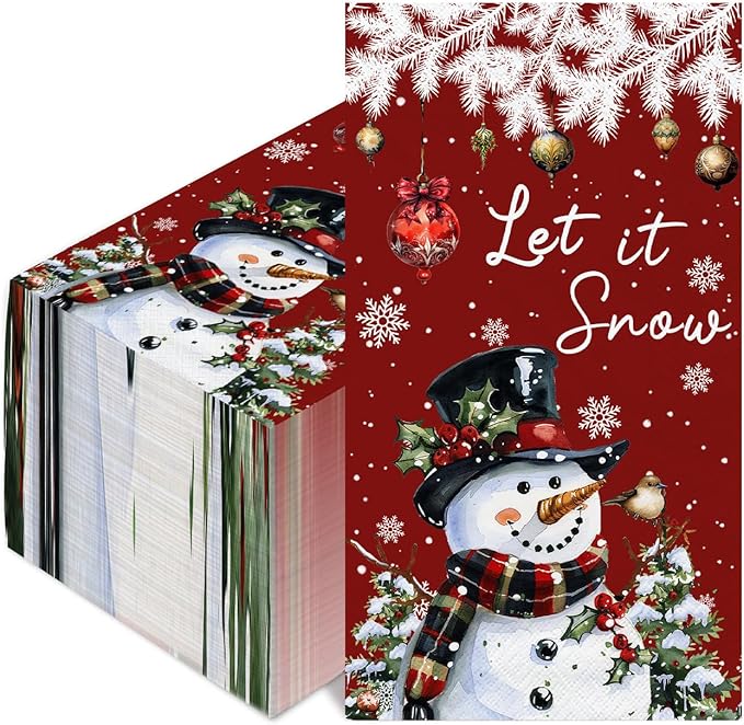 100 Pcs Christmas Paper Napkins 2 Ply Snowman Disposable Hand Towels for Bathroom Kitchen Snowman Guest Napkins for Christmas Winter Holiday Party Supplies