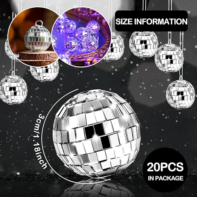 Mtlee 20 Pcs Disco Balls Decoration Mirror Disco Ball for Christmas Tree Flies Assorted Hanging Mini Glass Different Sizes Reflective with Rope for Halloween DIY Wedding Music Prom Props