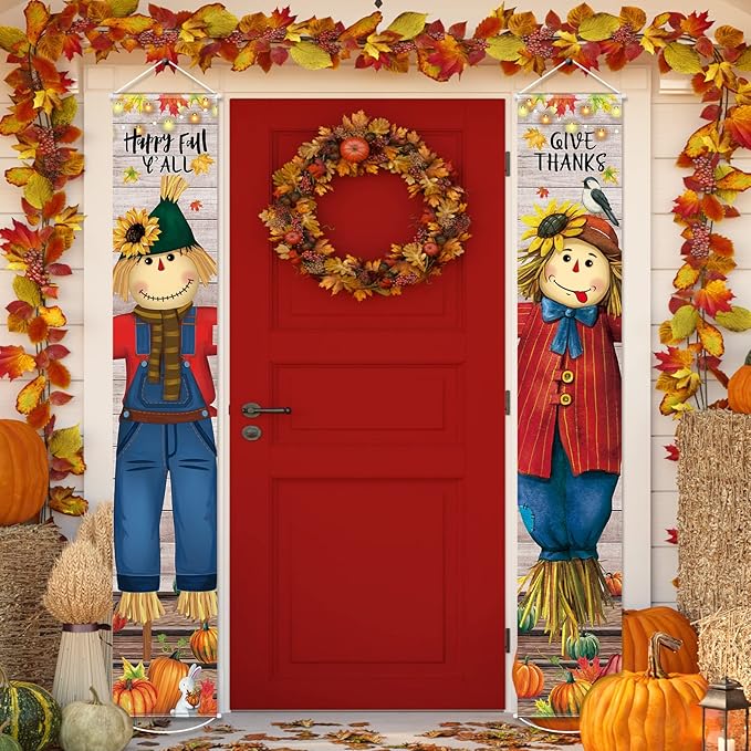 Thanksgiving Hanging Banners Happy Fall Y'all Porch Sign Autumn Hanging Door Banner Thanks Porch Banner Thanksgiving Party Decoration for Fall Indoor Outdoor Door Wall Decor
