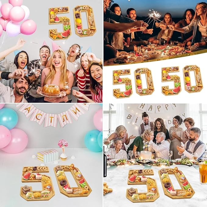 Brainy 50th Birthday Party Supplies Trays Number Charcuterie Tray Wooden Serving Charcuterie Tray for 50th Birthday Anniversary Party Decorations Chocolate Candy Container (50th)