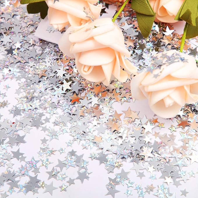 Hestya 60g Star Confetti Glitter Table Confetti Metallic Foil Stars for Christmas Party Wedding Festival Decorations(Silver Set,10mm and 6mm)