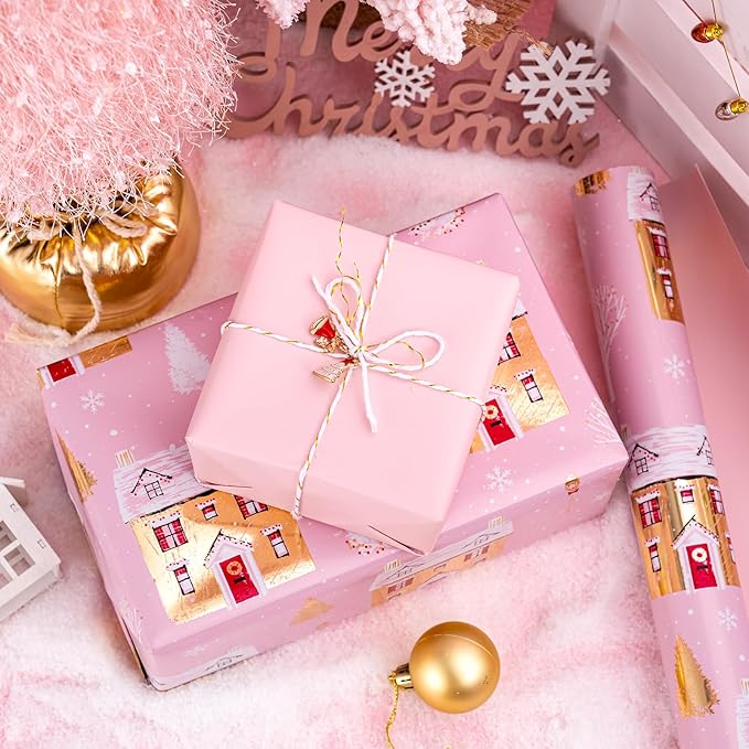 WRAPAHOLIC 30 Inch Jumbo Reversible Christmas Wrapping Paper - 30 Inch x 33 Feet - Pink House and Solid Pink Wrapping Paper with Metallic Foil Shine for Chrsitmas, Holiday, Party