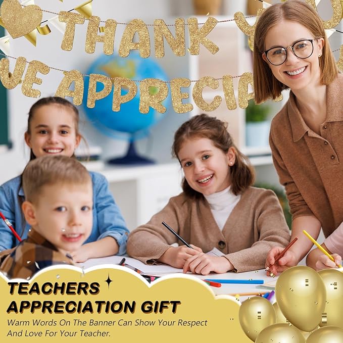 Fulmoon Pre Strung Thank You We Appreciate You Glitter Banner Funny Appreciation Banner for Employee Coworker Staff Teacher Thank Sign Party Decorations(Champagne Gold)