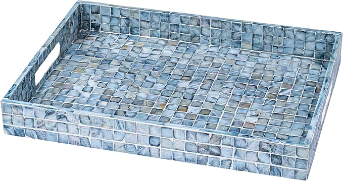 PEMAR Rectangular Mother of Pearl Serving Tray Nacre Wood Lap Ottoman Tray for Coffee Table, Luxury Decorative Handmade Eating Platters w Insert Handles (Blue)