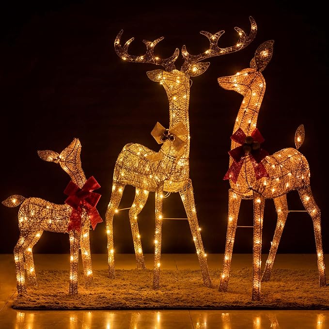YULETIME 3-Piece Pre-Lit 3D Christmas Reindeer Family, Lighted Glitter Deer Holiday Decoration With Warm White LED Lights
