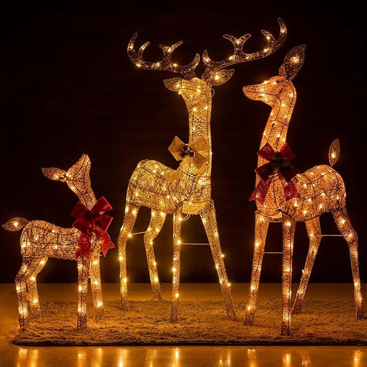YULETIME 3-Piece Pre-Lit 3D Christmas Reindeer Family, Lighted Glitter Deer Holiday Decoration With Warm White LED Lights