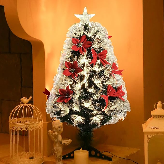 Joyhalo 3 FT Fiber Optic Mini Christmas Tree, Pre Lit Christmas Tree, Table Top Small Christmas Trees with Star Tree Topper，Flowers, Bows, Metal Stand