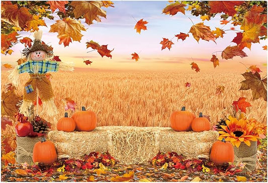 Funnytree 7X5FT Fall Backdrop Autumn Pumpkin Harvest Thanksgiving Hay Maple Leaves Background Baby Shower Birthday Party Decor Portrait Studio Photobooth Photography Props Gift Supplies