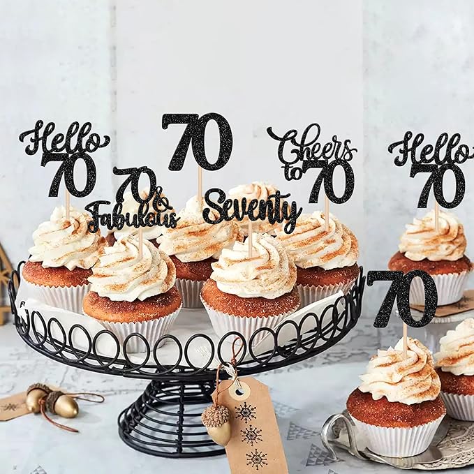 30PCS Happy 70th Birthday Cupcake Toppers Glitter Hello 70 Fabulous Seventy Cheers to 70 Years Old Birthday Cupcake Picks for Happy 70th Birthday Anniversary Party Cake Decorations Supplies Black