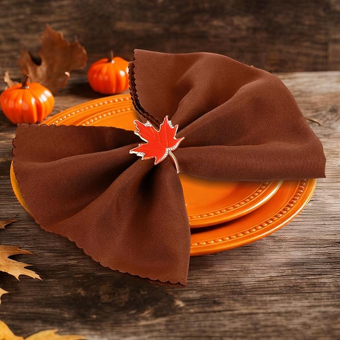 16 Pcs Fall Thanksgiving Cloth Napkin and Maple Leaves Napkin Ring Holder Buckles with Rhinestones Set for Harvest Season Thanksgiving Autumn Party Table Decorations (4 Colors)