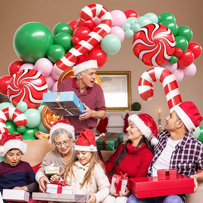 Christmas Balloon Arch Kit, Gingerbread Man Balloon Garland with Green Pink Latex Balloons Candy Cane Foil balloons for Christmas Party Decorations New Year Xmas Party Supplies