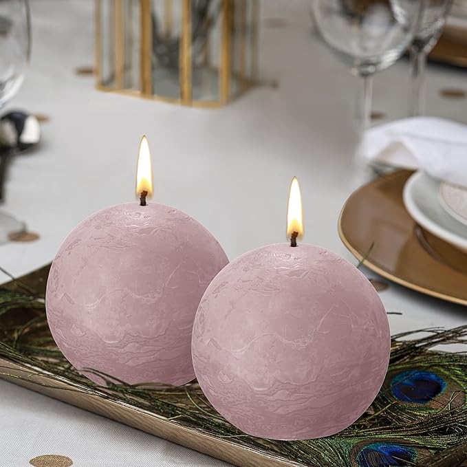 BOLSIUS 3 Pack Ash Rose Rustic Ball Pillar Candles - 3 Inch - Premium European Quality - Includes Natural Plant-Based Wax - Unscented Dripless Smokeless 25 Hour Party Décor and Wedding Candles