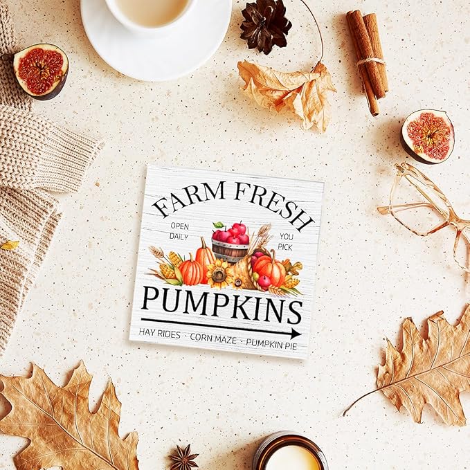 Funny Autumn Wood Box Sign Fresh Pumpkins Wooden Block Desk Decor for Home Office Kitchen Cubicle Table Shelf Tabletop,Farmhouse Fall Sign Decor