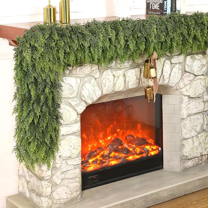 Real Touch Cedar Garland - Artificial Christmas Garlands Faux Green Cedar Fake Pine Needles Garland for Fireplace,Table, Stairs, Mantle, Window,Indoor Outdoor,Home,Holiday Decor(2 PCS,9 FT)
