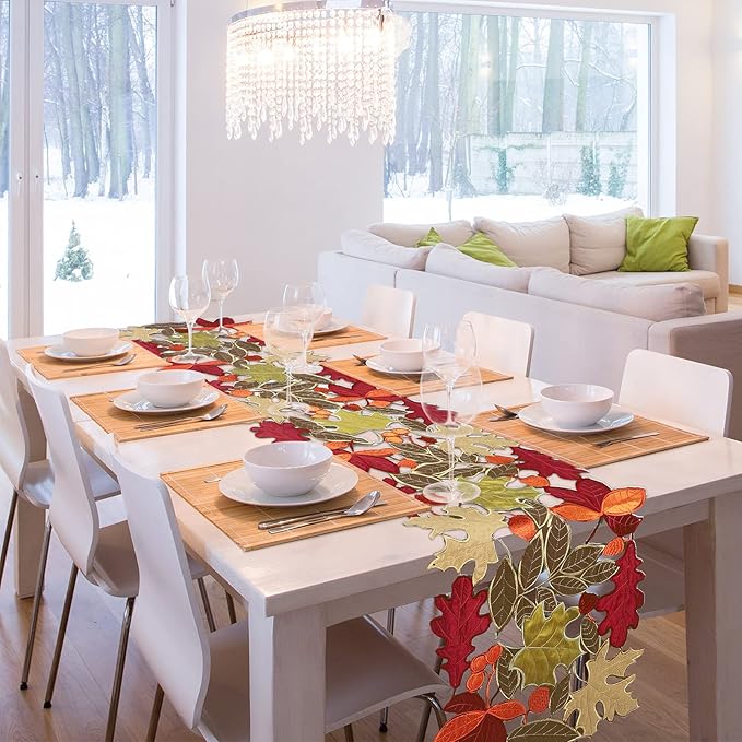 Tegeme Thanksgiving Table Runner 69 Inches Long Fall Autumn Harvest Embroidered Maple Leaves Table Runner 16 x 69 Inches Farmhouse Home Decorations Kitchen Dining Party Decor