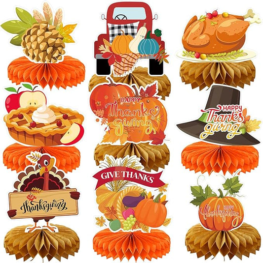9Pcs Thanksgiving Centerpiece Fall Centerpiece Table Decorations Pumpkin Turkey Honeycomb Thanksgiving Table Centerpiece for Thanksgiving Table Decoration Autumn Theme Birthday Party Supplies