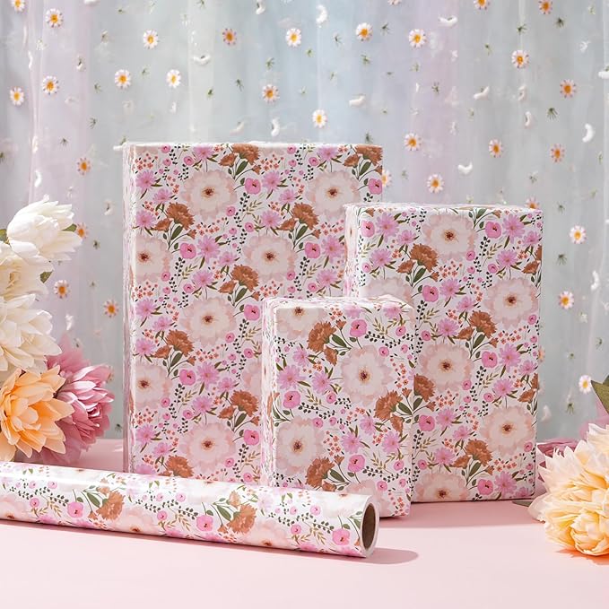 ZINTBIAL White and Pink Floral Wrapping Paper Roll for Wedding, Bridal Shower, Birthday - Peonies and Daisies Design, 17x16.5 Feet with Cut Lines, Gift Wrap for Mother's Day