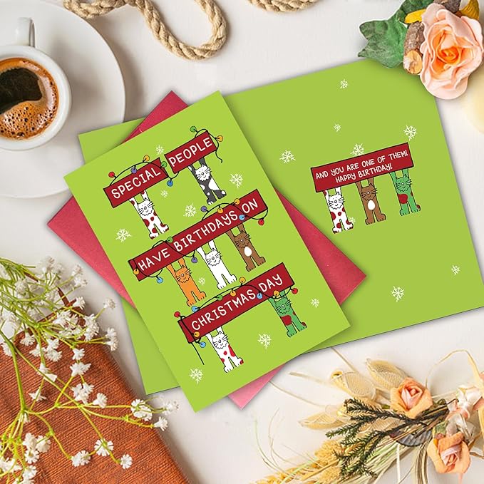 Funny Cat Christmas Birthday Card, December Birthday Card for Cat Lover, Holiday Bday Card Gift Idea for Friends Family