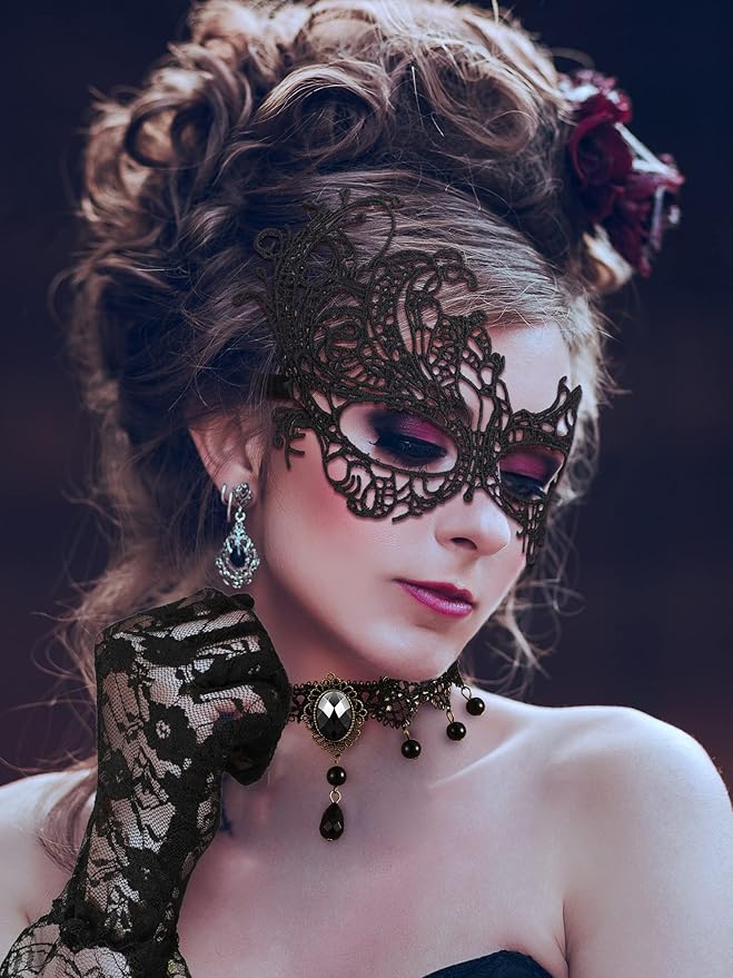 Newcotte 6 Pcs Masquerade Mask for Women Lace Mask Choker Necklace Glove for Christmas Halloween Venetian Party 80s 90s