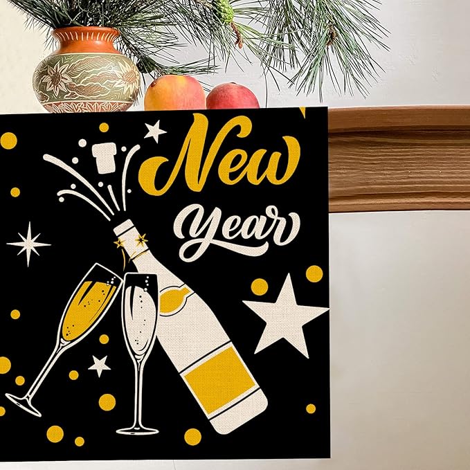 Seliem Happy New Year Eve Cheers Table Runner, Black Gold Tabletop Scarf Home Kitchen Polka Dots Stars Decor, 2025 Winter Holiday Farmhouse Burlap Dining Decorations Party Supply 13 X 72