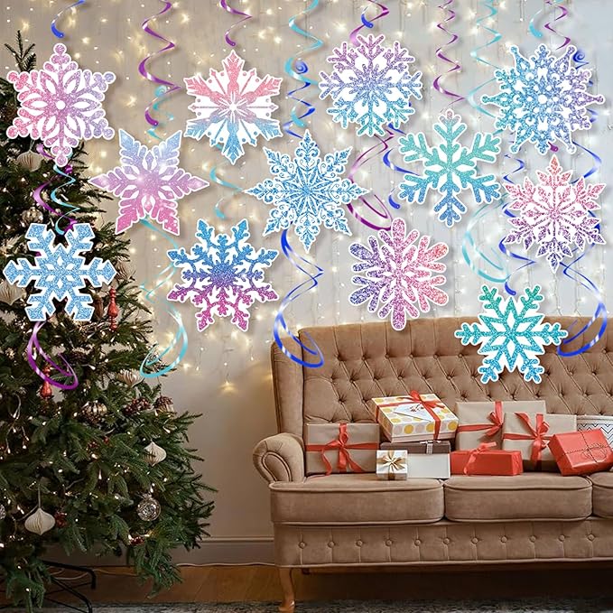 30Pcs Winter Snowflake Hanging Swirl, Frozen Snowflake Ceiling Streamers Hanging Decorations for Christmas Winter Wonderland Frozen Party Supplies