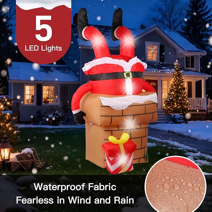 6FT Christmas Inflatables Decorations Outdoor，Blow Up Santa Claus Stuck in The Chimney with Built-in LEDs Lights for Indoor Holiday Party Yard Garden Lawn Décor