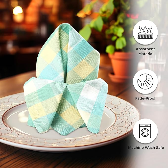 Urban Villa Cotton Dinner Napkins Set of 12 Highly Absorbent Soft Premium Cloth Napkins 20x20 Inches Hotel Quality Reusable & Washable Table Dinner Napkins for Home (Green Sand Buffalo Checks)
