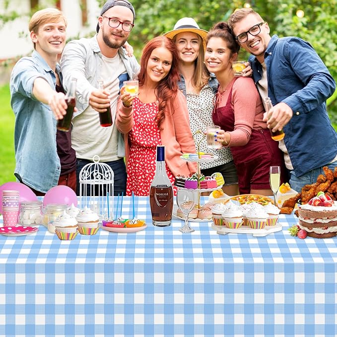 2 Pack Light Blue Gingham Tablecloth Rectangular Pale Blue and White Checkered Tablecloths Disposable Plastic Plaid Table Cover for Parties, Outdoor Picnic, Birthday, Wedding, Camping 54 × 108 Inch