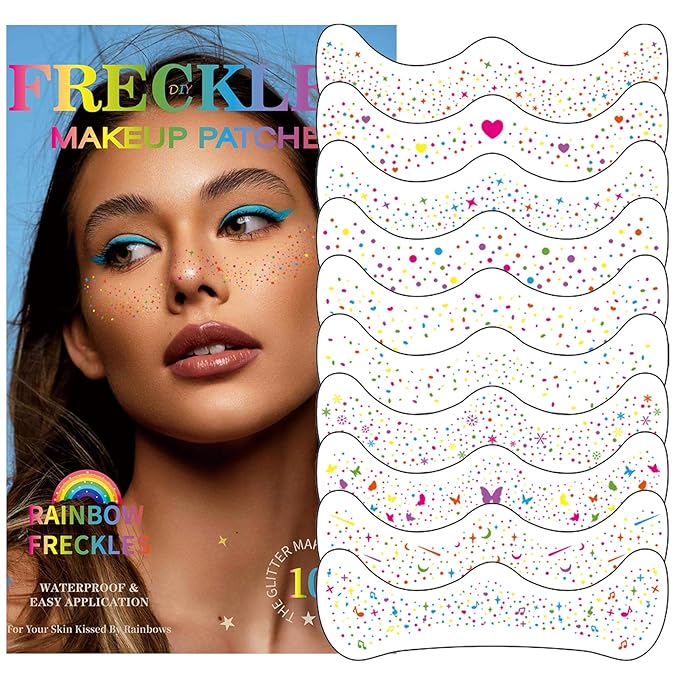 10 PCS Multi-color Glitter Freckles Facs Tattoos, Rainbow Freckles Makeup Patches, Long Lasting Glitter Temporary Tattoos for Halloween Christmas Party