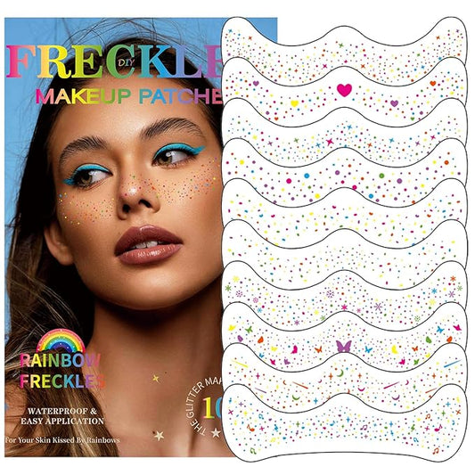 10 PCS Multi-color Glitter Freckles Facs Tattoos, Rainbow Freckles Makeup Patches, Long Lasting Glitter Temporary Tattoos for Halloween Christmas Party