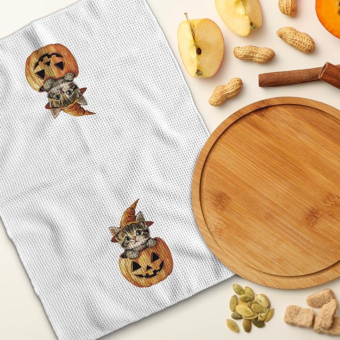 TNUW Halloween Cat Pumpkin Kitchen Towels 16x24 Inch, Cat Mom Lady Lovers Gifts Dish Tea Towels for Kitchen, Halloween Cute Witchy Kitten Spooky Pumpkin Decorative Hand Towel for Bathroom Decor