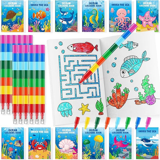 BenLouis 24 Under the Sea Mini Coloring Books Kids with 24 Stacking Crayons Ocean Animals Party Favors Activity Books Bulk for Kids Sea Fish Birthday Goodie Bag Gift Stuffer Classroom Reward