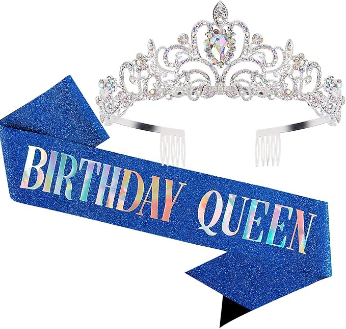 Velscrun Happy Birthday Queen AB Silver Tiara Crowns for Women, Blue Sash, Party Favors & Decorations
